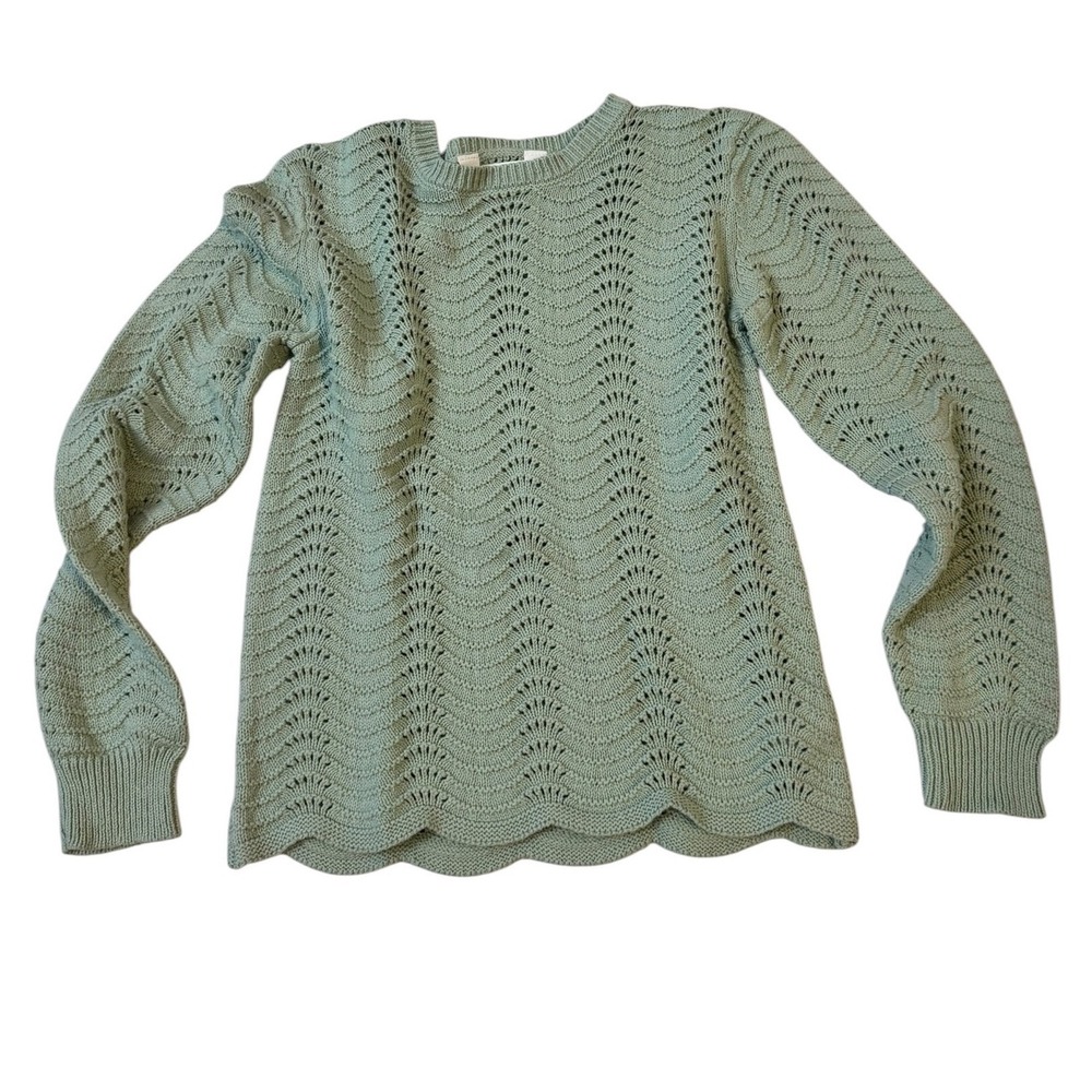 Rumi + Ryder Girls Sage Green Pointelle Knit Scalloped Hem Sweater Size M 8-10